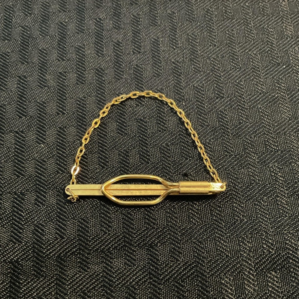 Gold Tone Tie Clip Bar Chain Mens Oval Loop Guard Design 2 Inch Classic Jewelry